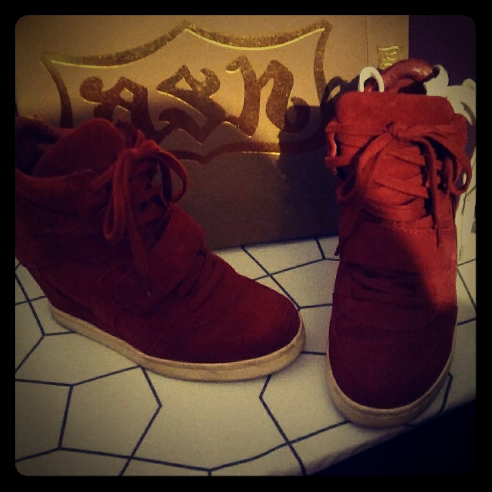 Hot red suede wedge ASH sneakers gently worn very